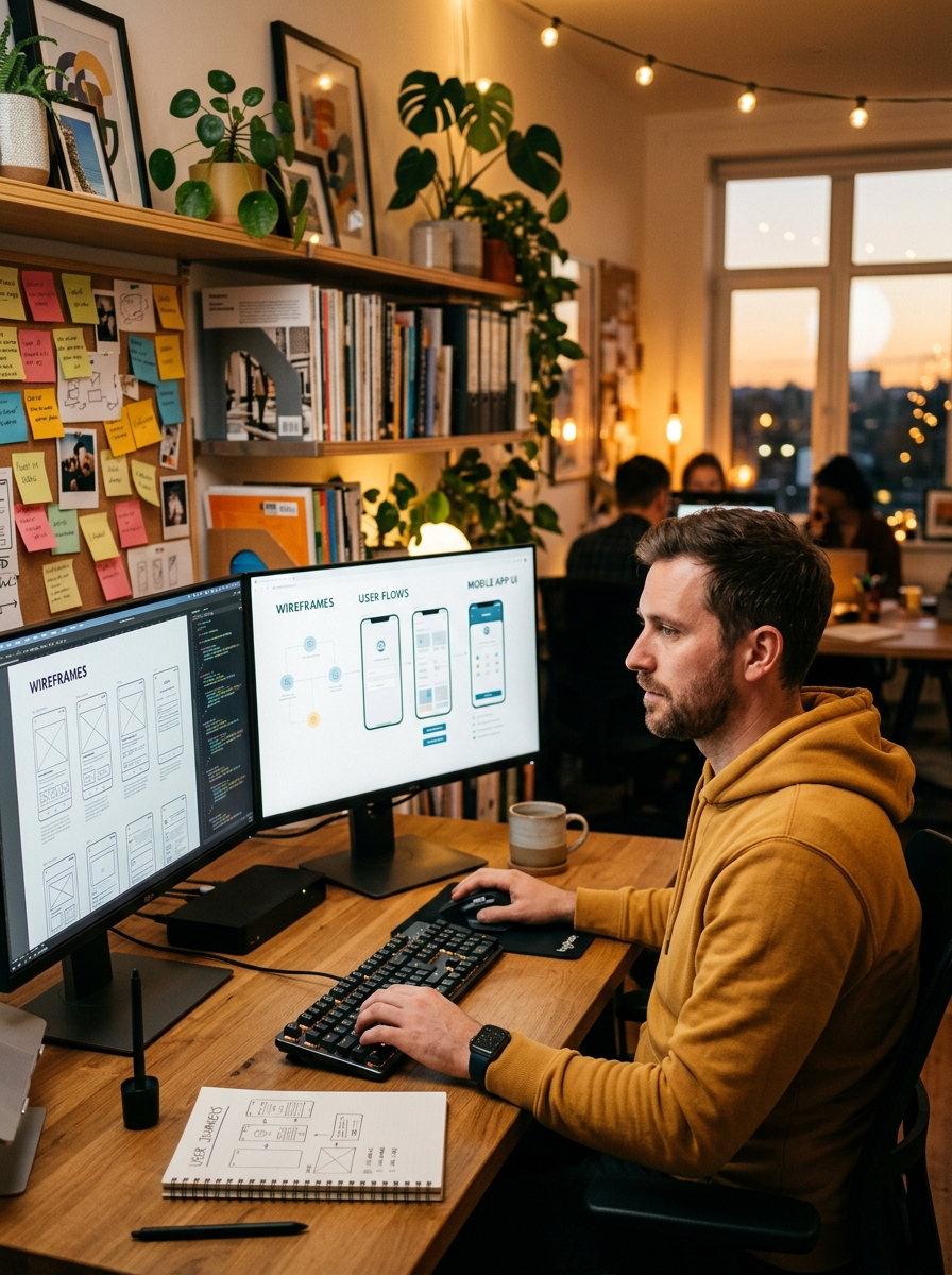 Designers reviewing work at a desk